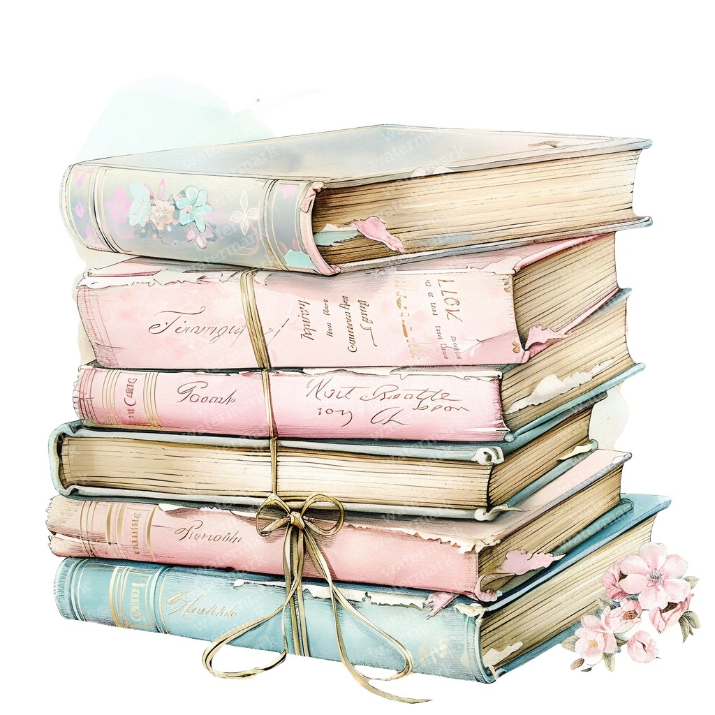 【商用利用可】パステルヴィンテージ本の積み重ね(水彩ブックスタック)クリップアート20点セット|高解像度・透過PNG|ジャンクジャーナル・コラージュ素材|即ダウンロード
