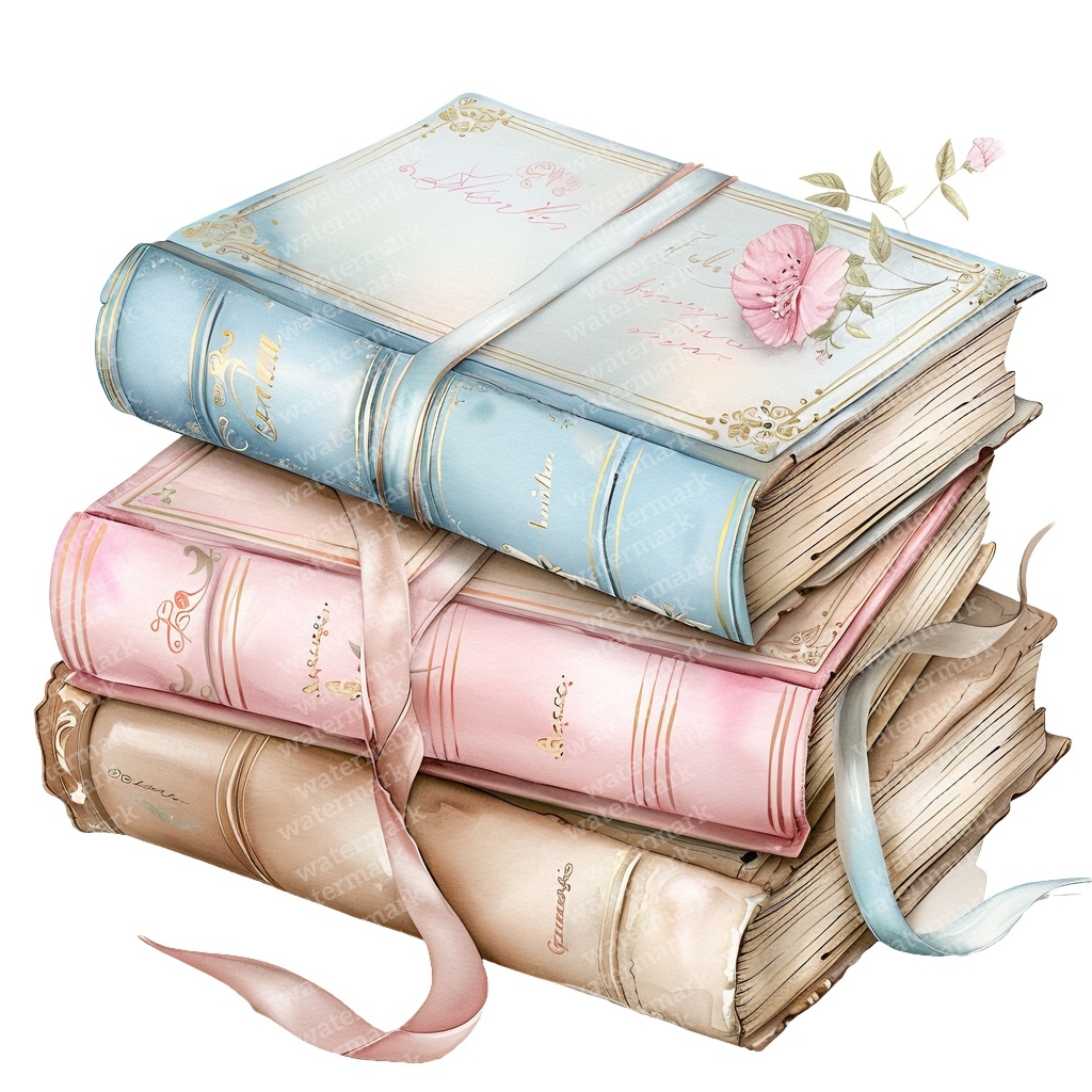 【商用利用可】パステルヴィンテージ本の積み重ね(水彩ブックスタック)クリップアート20点セット|高解像度・透過PNG|ジャンクジャーナル・コラージュ素材|即ダウンロード