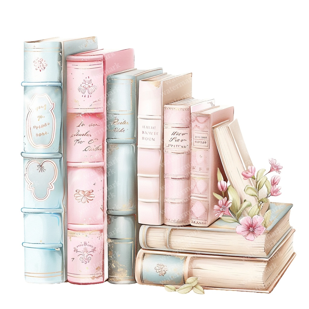 【商用利用可】パステルヴィンテージ本の積み重ね(水彩ブックスタック)クリップアート20点セット|高解像度・透過PNG|ジャンクジャーナル・コラージュ素材|即ダウンロード