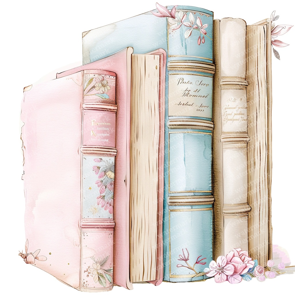【商用利用可】パステルヴィンテージ本の積み重ね(水彩ブックスタック)クリップアート20点セット|高解像度・透過PNG|ジャンクジャーナル・コラージュ素材|即ダウンロード