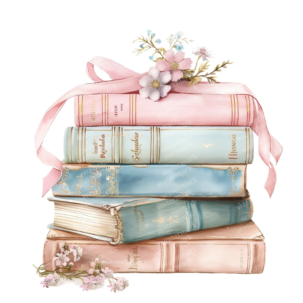 【商用利用可】パステルヴィンテージ本の積み重ね（水彩ブックスタック）クリップアート20点セット｜高解像度・透過PNG｜ジャンクジャーナル・コラージュ素材｜即ダウンロード