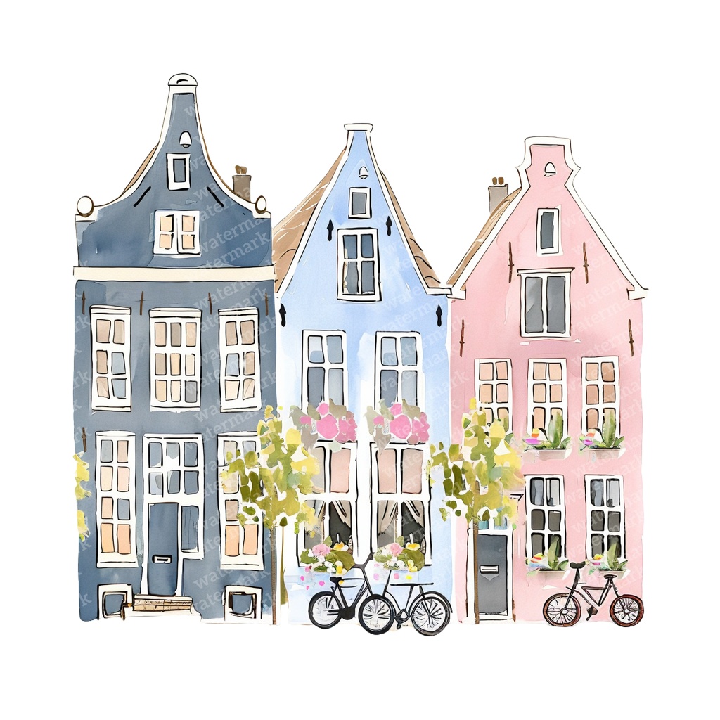 【商用利用可】アムステルダムの家(水彩オランダ街並み)クリップアート20点セット|高解像度・透過PNG|ヨーロッパ風カラフルハウス|コラージュ・ジャンクジャーナル素材|即ダウンロード
