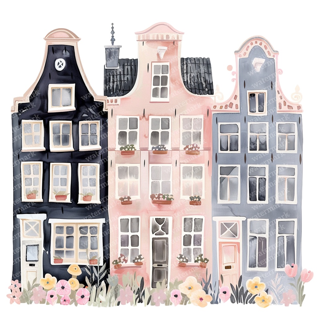 【商用利用可】アムステルダムの家(水彩オランダ街並み)クリップアート20点セット|高解像度・透過PNG|ヨーロッパ風カラフルハウス|コラージュ・ジャンクジャーナル素材|即ダウンロード