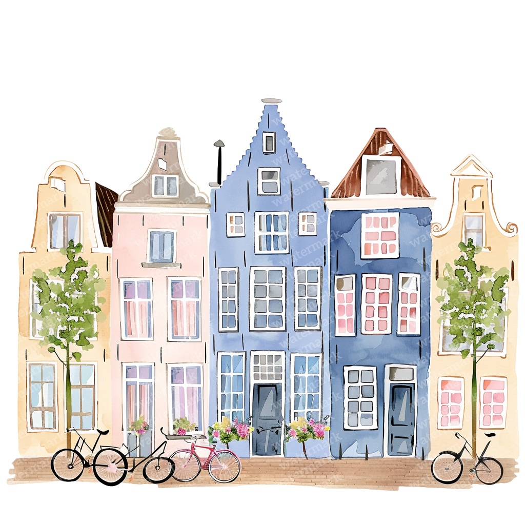 【商用利用可】アムステルダムの家(水彩オランダ街並み)クリップアート20点セット|高解像度・透過PNG|ヨーロッパ風カラフルハウス|コラージュ・ジャンクジャーナル素材|即ダウンロード