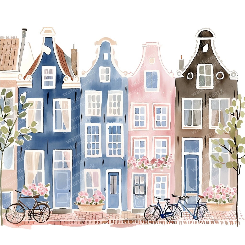 【商用利用可】アムステルダムの家(水彩オランダ街並み)クリップアート20点セット|高解像度・透過PNG|ヨーロッパ風カラフルハウス|コラージュ・ジャンクジャーナル素材|即ダウンロード