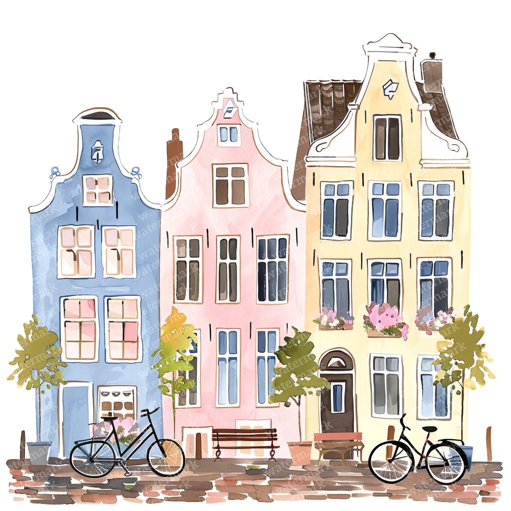 【商用利用可】アムステルダムの家(水彩オランダ街並み)クリップアート20点セット|高解像度・透過PNG|ヨーロッパ風カラフルハウス|コラージュ・ジャンクジャーナル素材|即ダウンロード