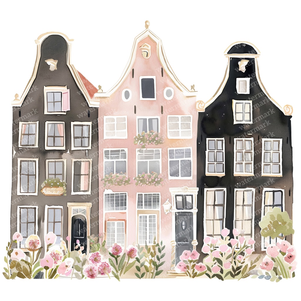 【商用利用可】アムステルダムの家(水彩オランダ街並み)クリップアート20点セット|高解像度・透過PNG|ヨーロッパ風カラフルハウス|コラージュ・ジャンクジャーナル素材|即ダウンロード