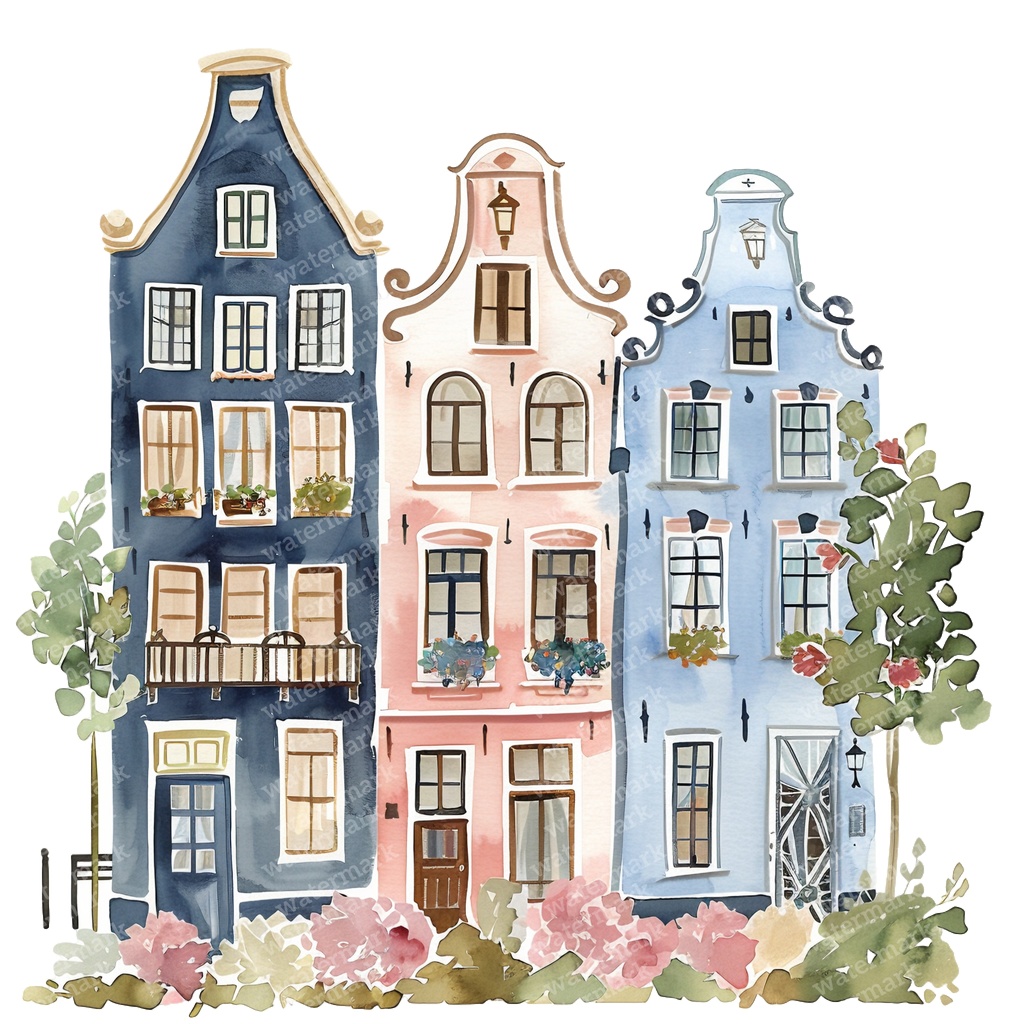 【商用利用可】アムステルダムの家(水彩オランダ街並み)クリップアート20点セット|高解像度・透過PNG|ヨーロッパ風カラフルハウス|コラージュ・ジャンクジャーナル素材|即ダウンロード