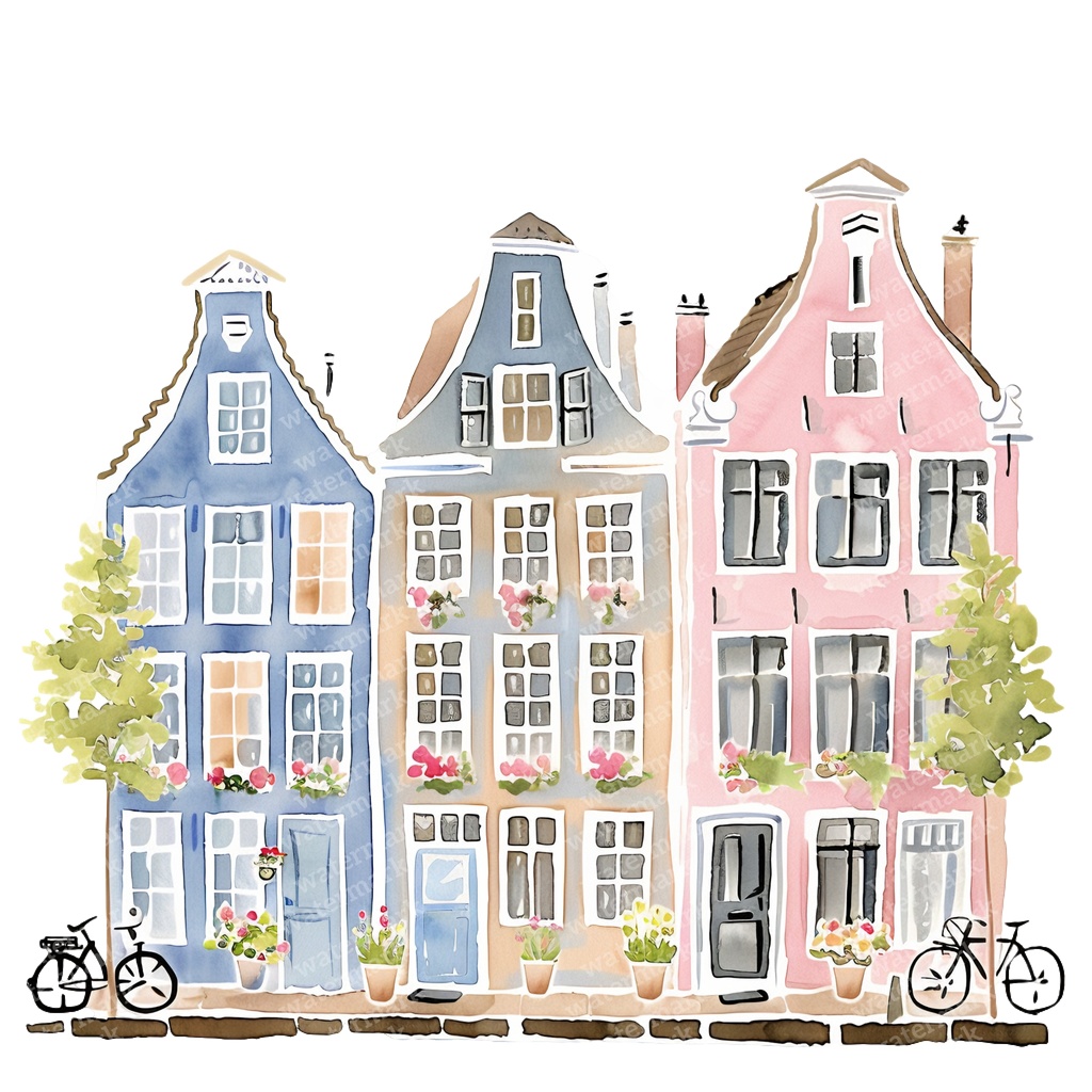 【商用利用可】アムステルダムの家(水彩オランダ街並み)クリップアート20点セット|高解像度・透過PNG|ヨーロッパ風カラフルハウス|コラージュ・ジャンクジャーナル素材|即ダウンロード