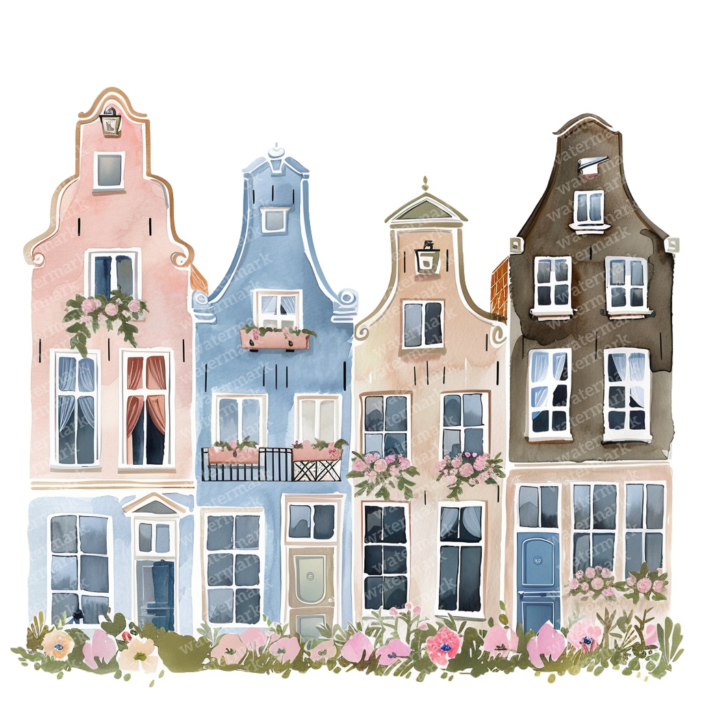 【商用利用可】アムステルダムの家(水彩オランダ街並み)クリップアート20点セット|高解像度・透過PNG|ヨーロッパ風カラフルハウス|コラージュ・ジャンクジャーナル素材|即ダウンロード