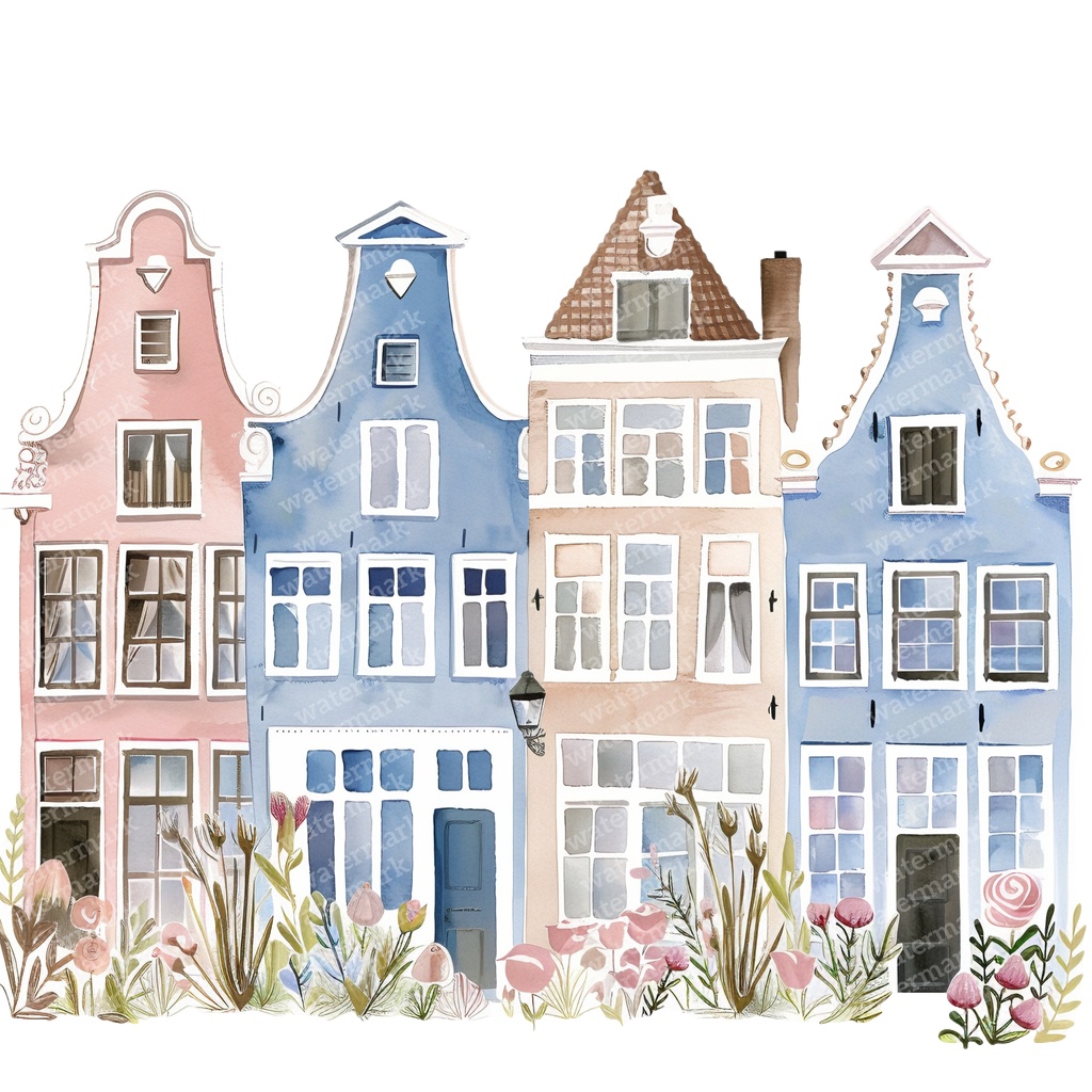 【商用利用可】アムステルダムの家(水彩オランダ街並み)クリップアート20点セット|高解像度・透過PNG|ヨーロッパ風カラフルハウス|コラージュ・ジャンクジャーナル素材|即ダウンロード