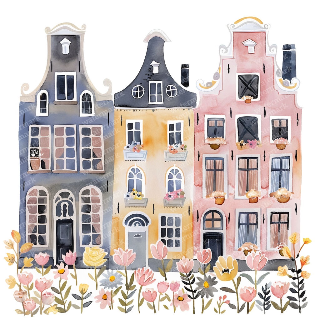 【商用利用可】アムステルダムの家(水彩オランダ街並み)クリップアート20点セット|高解像度・透過PNG|ヨーロッパ風カラフルハウス|コラージュ・ジャンクジャーナル素材|即ダウンロード