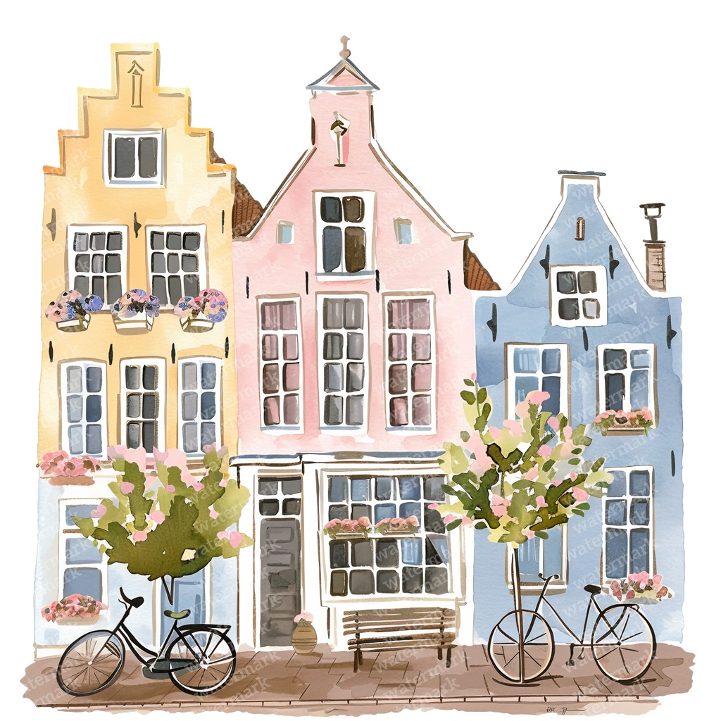 【商用利用可】アムステルダムの家（水彩オランダ街並み）クリップアート20点セット｜高解像度・透過PNG｜ヨーロッパ風カラフルハウス｜コラージュ・ジャンクジャーナル素材｜即ダウンロード