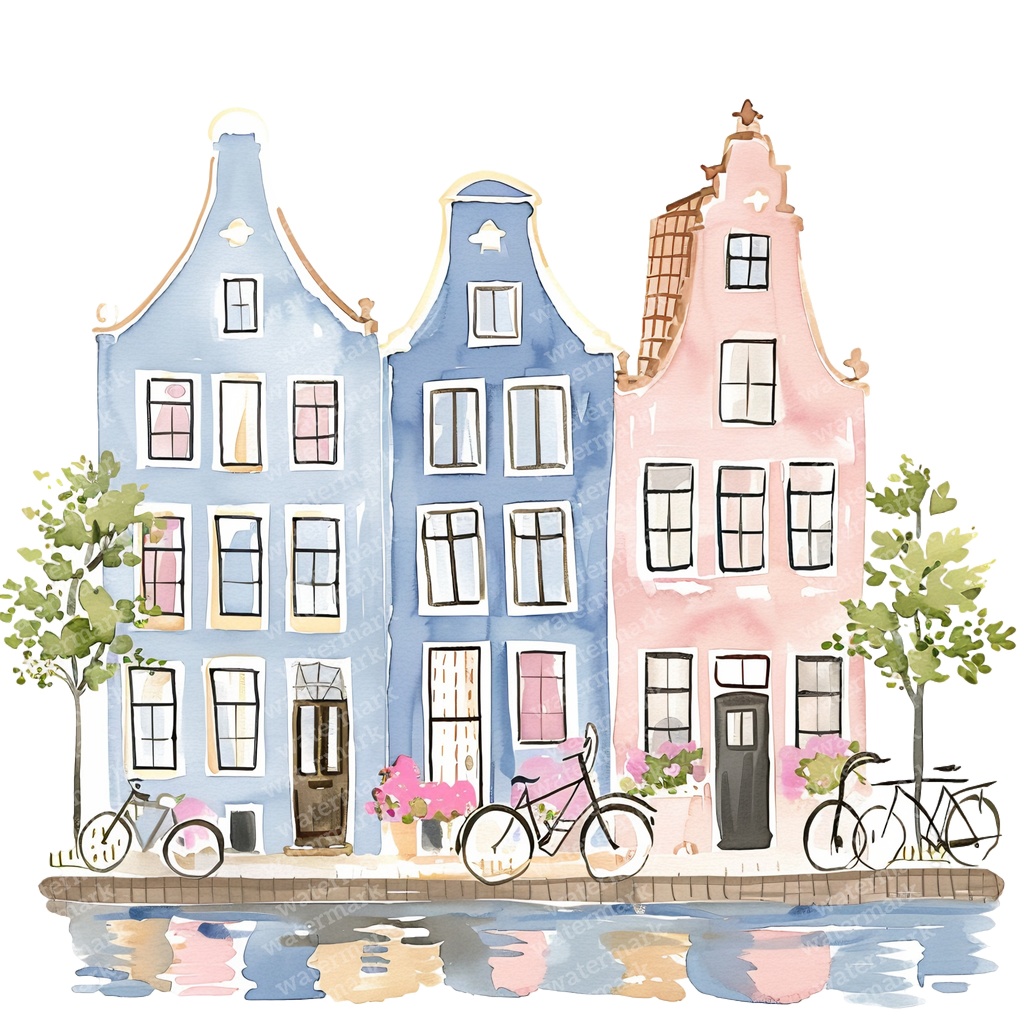 【商用利用可】アムステルダムの家(水彩オランダ街並み)クリップアート20点セット|高解像度・透過PNG|ヨーロッパ風カラフルハウス|コラージュ・ジャンクジャーナル素材|即ダウンロード