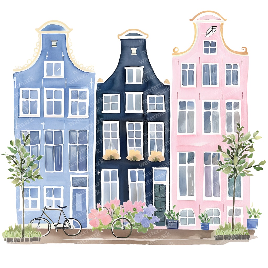 【商用利用可】アムステルダムの家(水彩オランダ街並み)クリップアート20点セット|高解像度・透過PNG|ヨーロッパ風カラフルハウス|コラージュ・ジャンクジャーナル素材|即ダウンロード