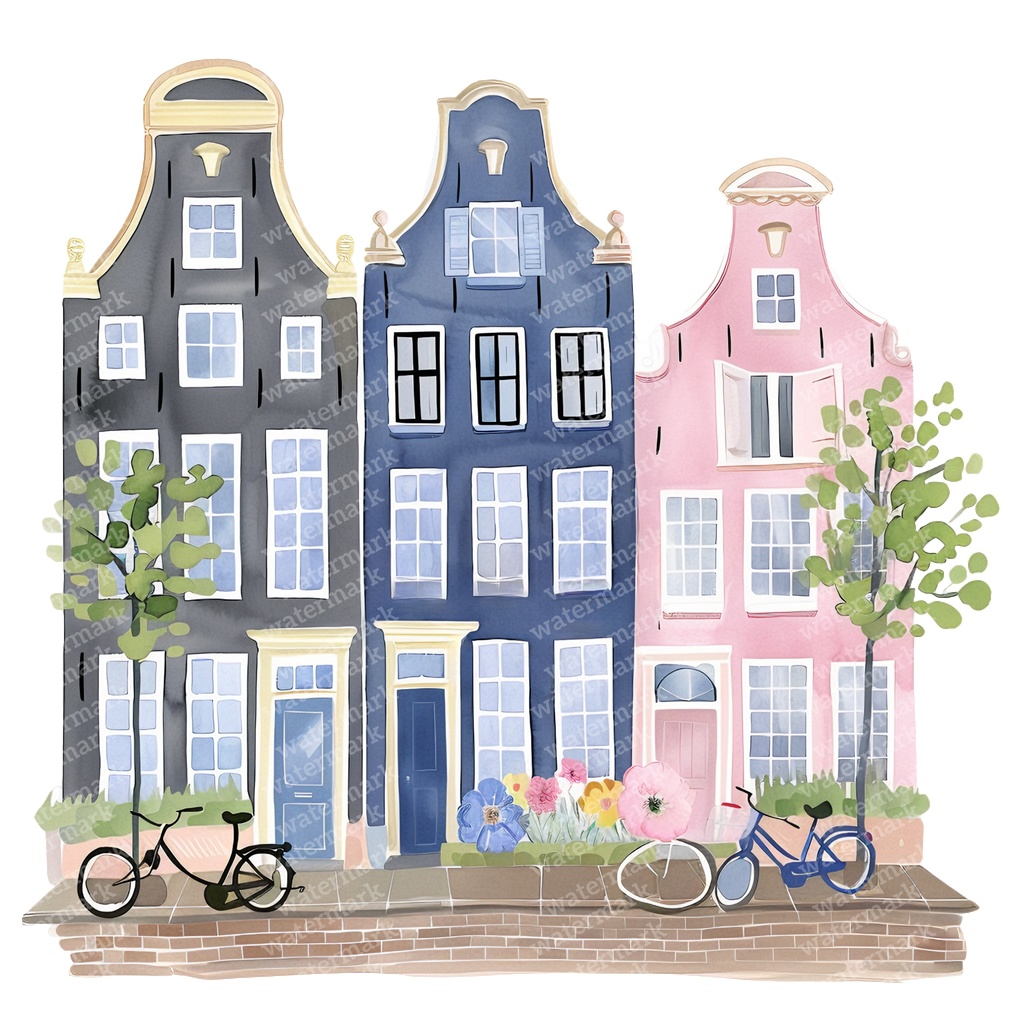 【商用利用可】アムステルダムの家(水彩オランダ街並み)クリップアート20点セット|高解像度・透過PNG|ヨーロッパ風カラフルハウス|コラージュ・ジャンクジャーナル素材|即ダウンロード