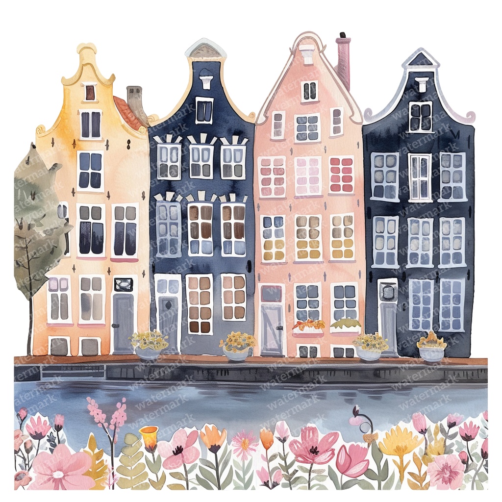 【商用利用可】アムステルダムの家(水彩オランダ街並み)クリップアート20点セット|高解像度・透過PNG|ヨーロッパ風カラフルハウス|コラージュ・ジャンクジャーナル素材|即ダウンロード