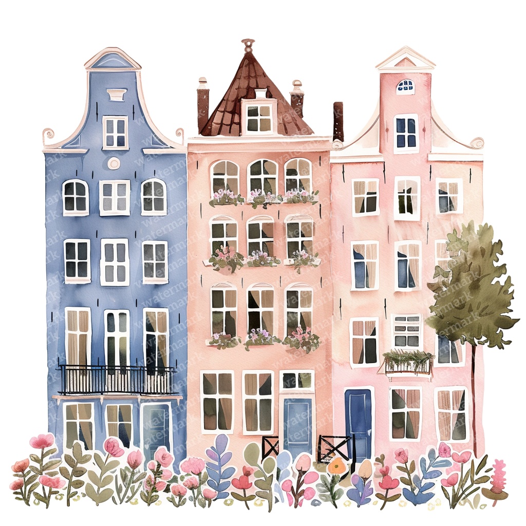【商用利用可】アムステルダムの家(水彩オランダ街並み)クリップアート20点セット|高解像度・透過PNG|ヨーロッパ風カラフルハウス|コラージュ・ジャンクジャーナル素材|即ダウンロード