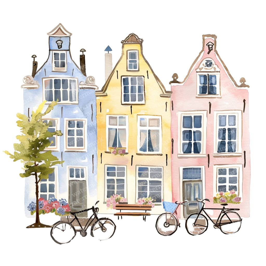 【商用利用可】アムステルダムの家(水彩オランダ街並み)クリップアート20点セット|高解像度・透過PNG|ヨーロッパ風カラフルハウス|コラージュ・ジャンクジャーナル素材|即ダウンロード