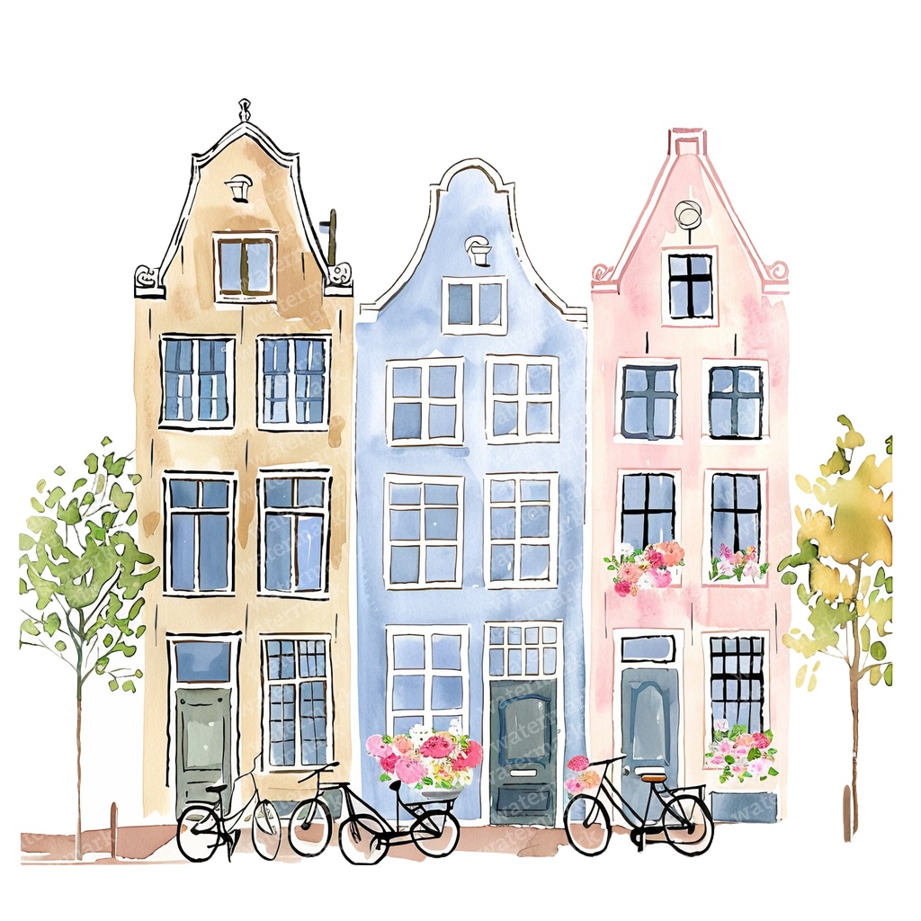 【商用利用可】アムステルダムの家(水彩オランダ街並み)クリップアート20点セット|高解像度・透過PNG|ヨーロッパ風カラフルハウス|コラージュ・ジャンクジャーナル素材|即ダウンロード