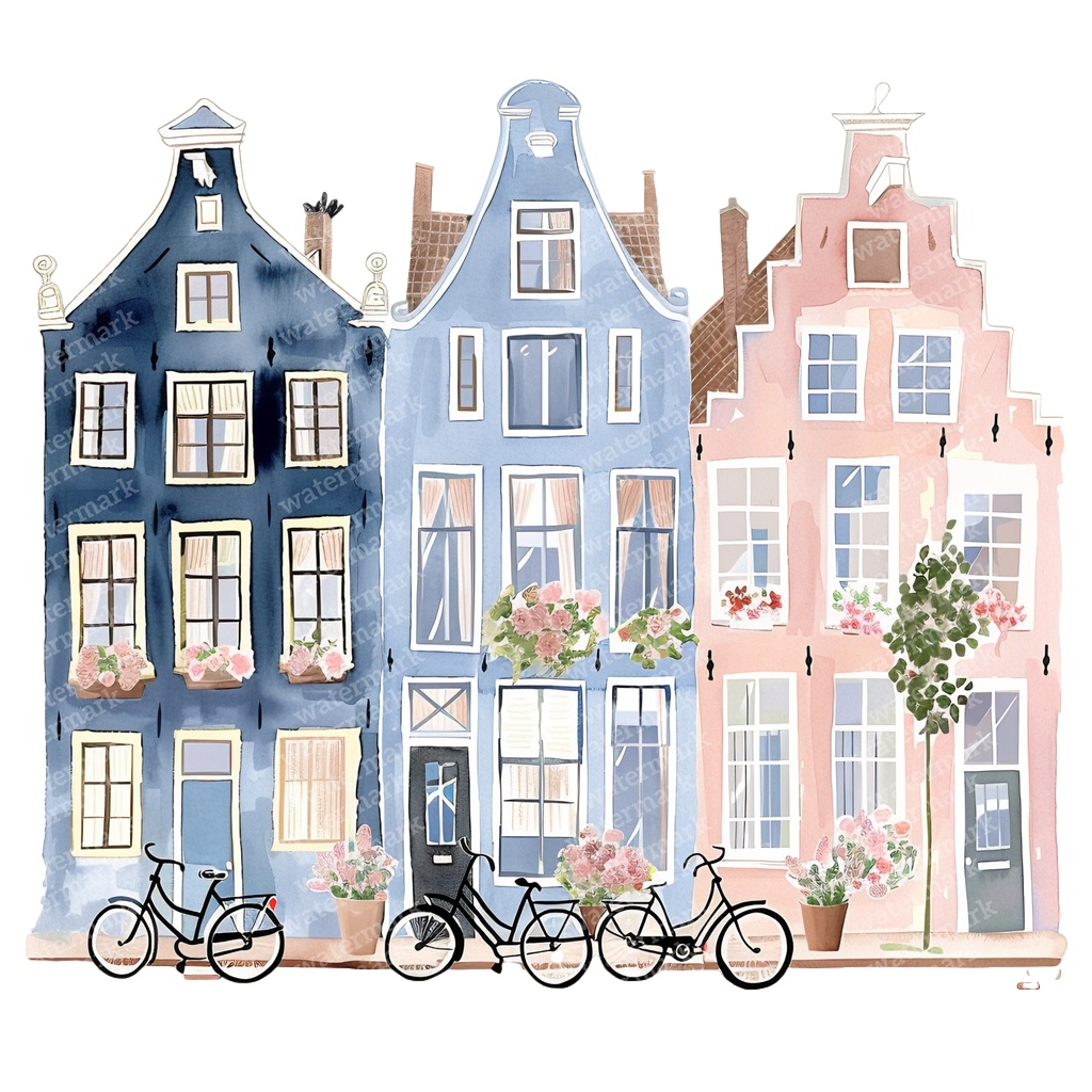 【商用利用可】アムステルダムの家(水彩オランダ街並み)クリップアート20点セット|高解像度・透過PNG|ヨーロッパ風カラフルハウス|コラージュ・ジャンクジャーナル素材|即ダウンロード