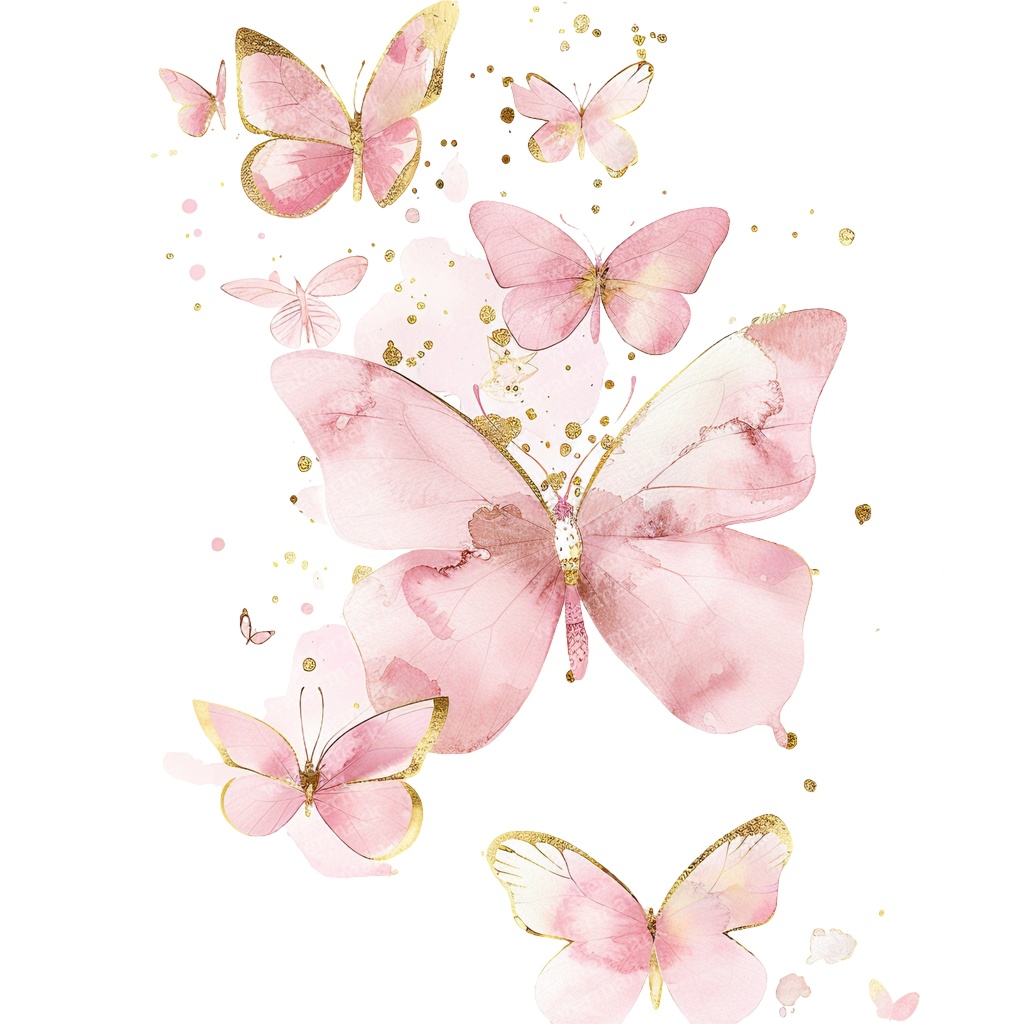 【商用利用可】ピンク&ゴールド蝶々(水彩バタフライ)クリップアート20点セット|高解像度PNG|壁アート・コラージュ・ジャンクジャーナル素材|即ダウンロード