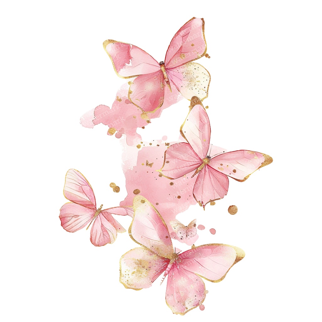 【商用利用可】ピンク&ゴールド蝶々(水彩バタフライ)クリップアート20点セット|高解像度PNG|壁アート・コラージュ・ジャンクジャーナル素材|即ダウンロード