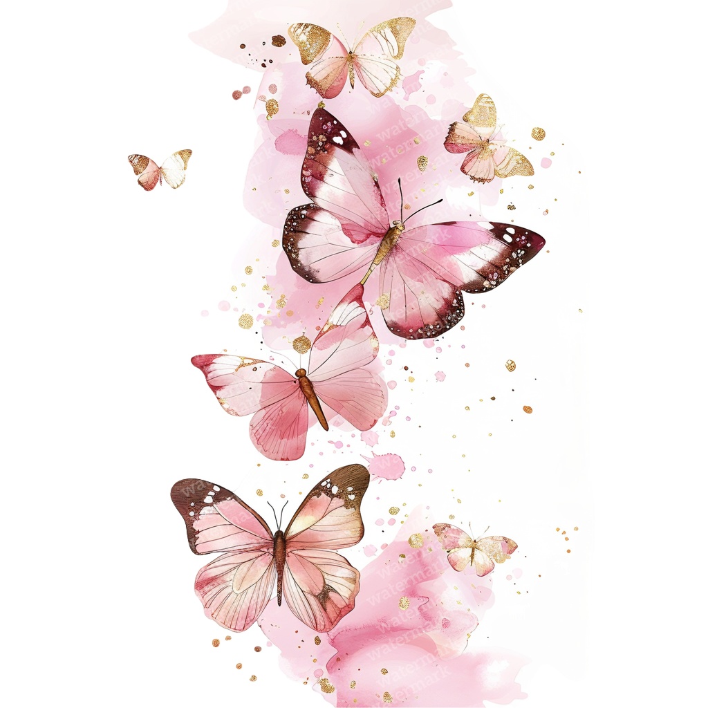 【商用利用可】ピンク&ゴールド蝶々(水彩バタフライ)クリップアート20点セット|高解像度PNG|壁アート・コラージュ・ジャンクジャーナル素材|即ダウンロード