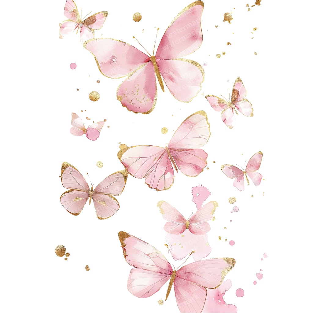 【商用利用可】ピンク&ゴールド蝶々(水彩バタフライ)クリップアート20点セット|高解像度PNG|壁アート・コラージュ・ジャンクジャーナル素材|即ダウンロード
