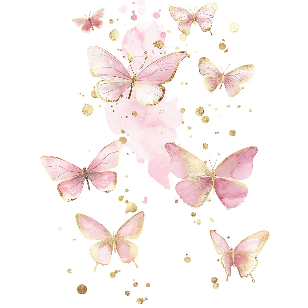 【商用利用可】ピンク&ゴールド蝶々(水彩バタフライ)クリップアート20点セット|高解像度PNG|壁アート・コラージュ・ジャンクジャーナル素材|即ダウンロード