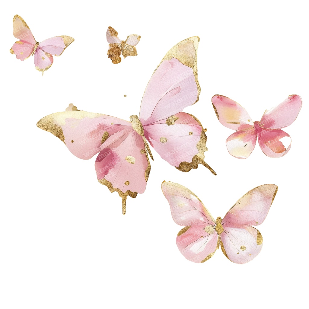 【商用利用可】ピンク&ゴールド蝶々(水彩バタフライ)クリップアート20点セット|高解像度PNG|壁アート・コラージュ・ジャンクジャーナル素材|即ダウンロード