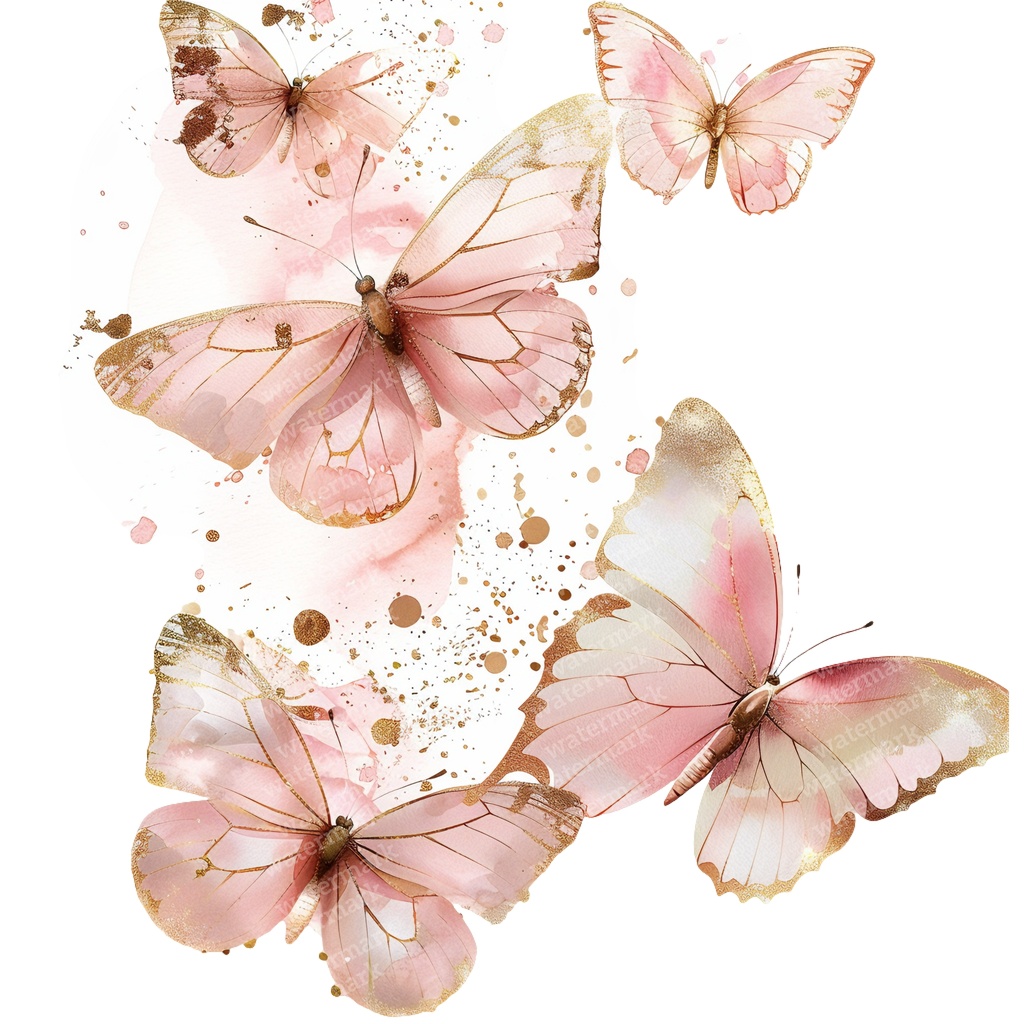 【商用利用可】ピンク&ゴールド蝶々(水彩バタフライ)クリップアート20点セット|高解像度PNG|壁アート・コラージュ・ジャンクジャーナル素材|即ダウンロード