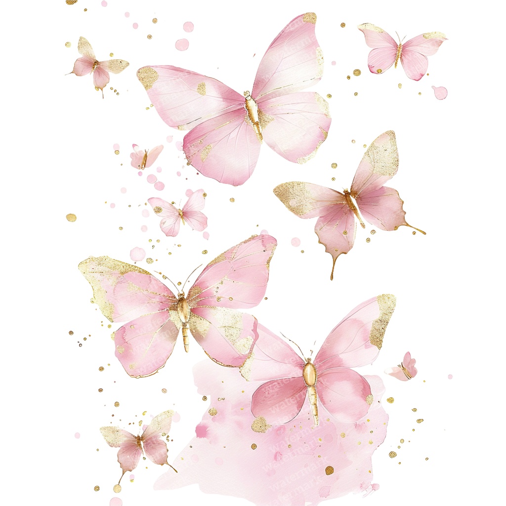 【商用利用可】ピンク&ゴールド蝶々(水彩バタフライ)クリップアート20点セット|高解像度PNG|壁アート・コラージュ・ジャンクジャーナル素材|即ダウンロード