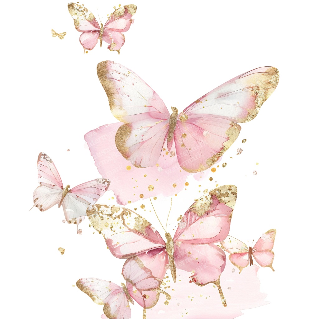 【商用利用可】ピンク&ゴールド蝶々(水彩バタフライ)クリップアート20点セット|高解像度PNG|壁アート・コラージュ・ジャンクジャーナル素材|即ダウンロード