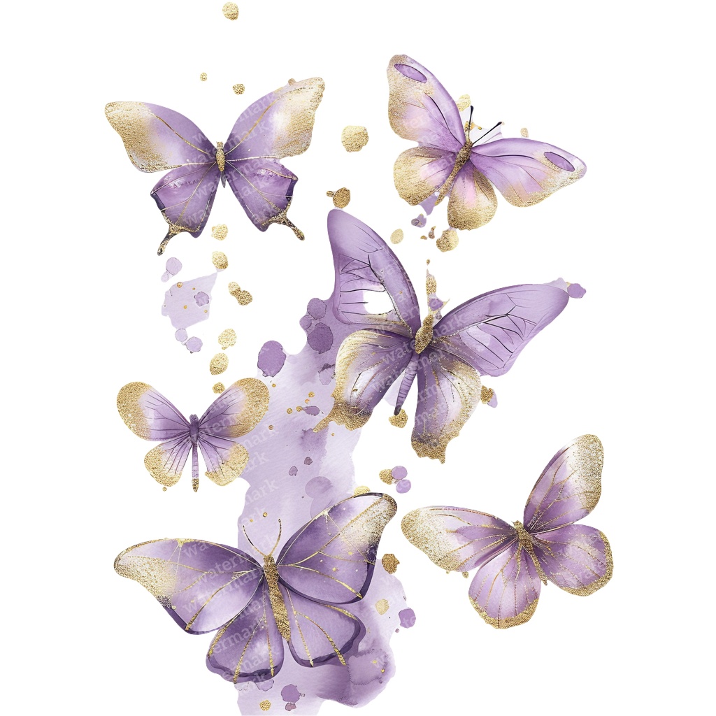 【商用利用可】パープル&ゴールド蝶々(水彩バタフライ)クリップアート20点セット|高解像度PNG|壁アート・コラージュ・ジャンクジャーナル素材|即ダウンロード