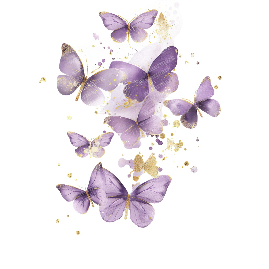 【商用利用可】パープル&ゴールド蝶々(水彩バタフライ)クリップアート20点セット|高解像度PNG|壁アート・コラージュ・ジャンクジャーナル素材|即ダウンロード