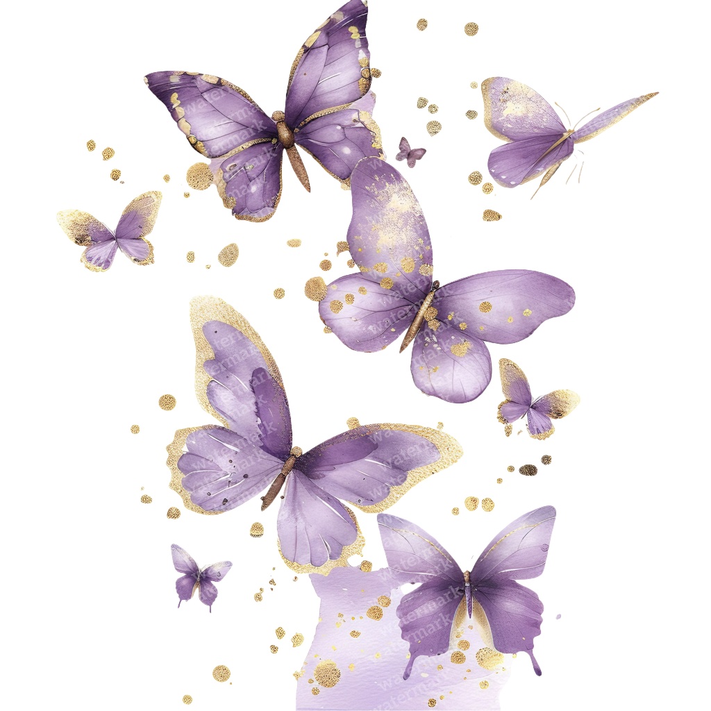 【商用利用可】パープル&ゴールド蝶々(水彩バタフライ)クリップアート20点セット|高解像度PNG|壁アート・コラージュ・ジャンクジャーナル素材|即ダウンロード