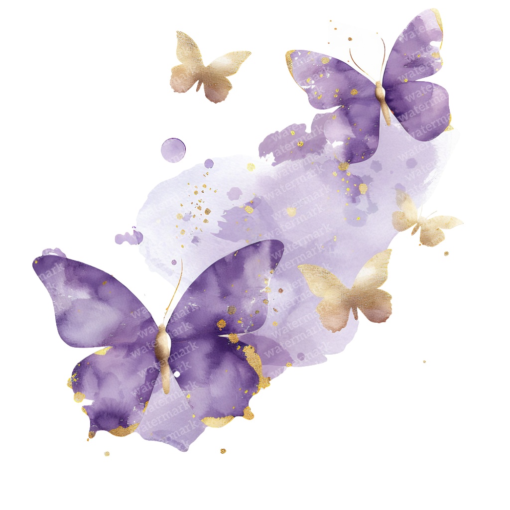 【商用利用可】パープル&ゴールド蝶々(水彩バタフライ)クリップアート20点セット|高解像度PNG|壁アート・コラージュ・ジャンクジャーナル素材|即ダウンロード