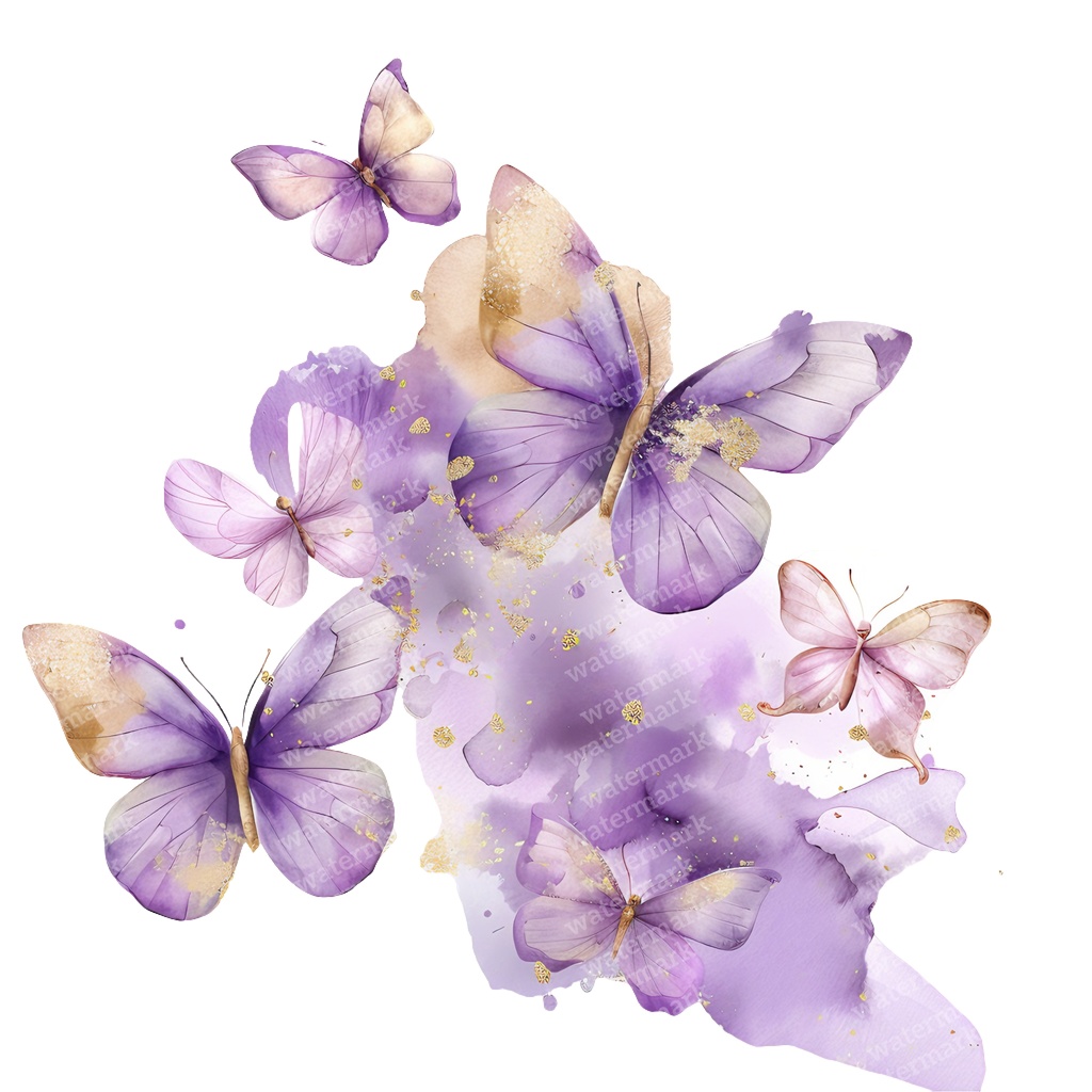 【商用利用可】パープル&ゴールド蝶々(水彩バタフライ)クリップアート20点セット|高解像度PNG|壁アート・コラージュ・ジャンクジャーナル素材|即ダウンロード