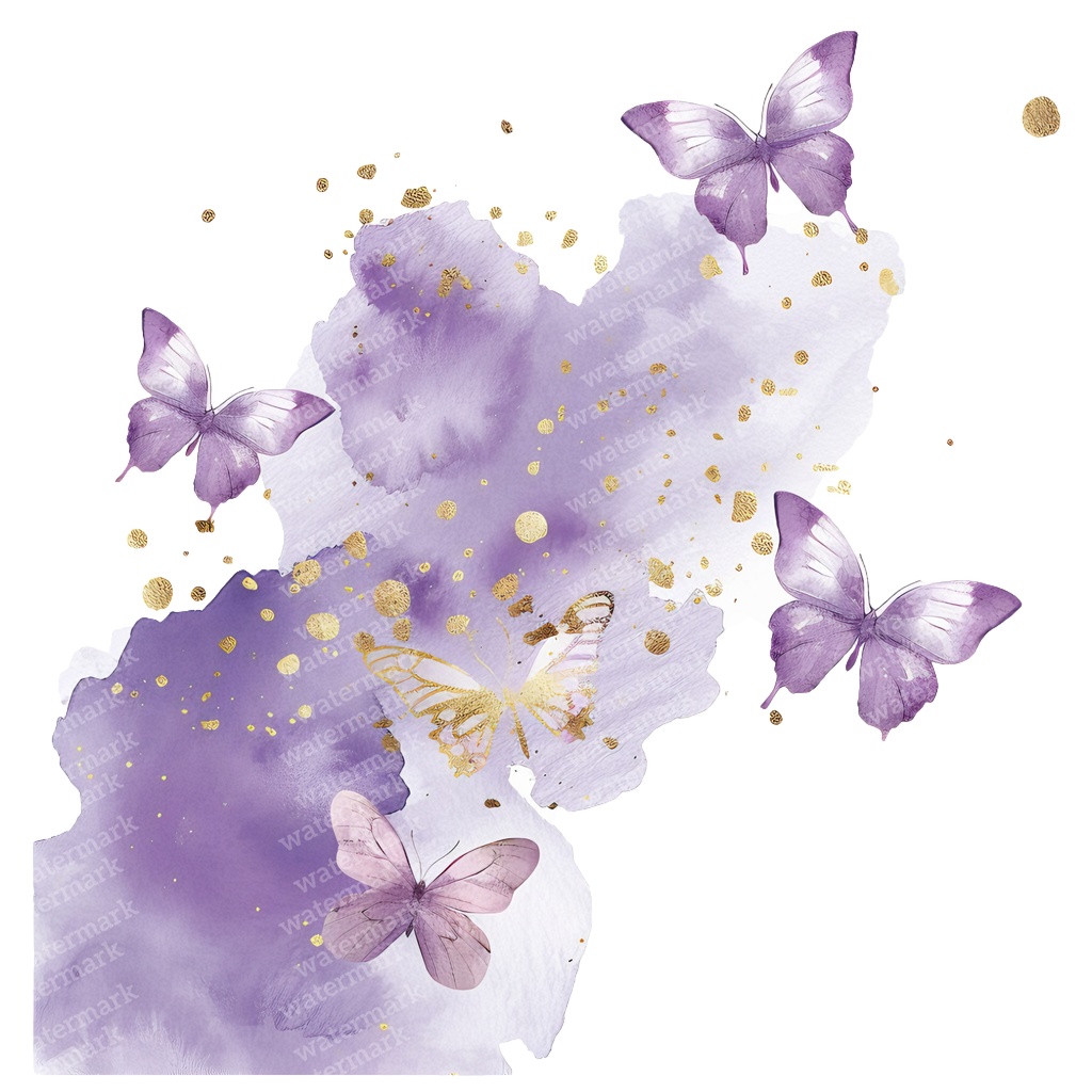 【商用利用可】パープル&ゴールド蝶々(水彩バタフライ)クリップアート20点セット|高解像度PNG|壁アート・コラージュ・ジャンクジャーナル素材|即ダウンロード