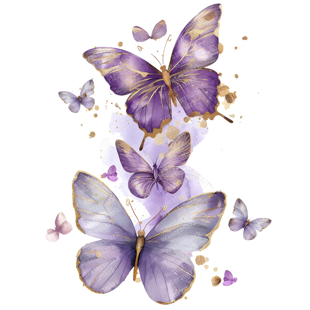 【商用利用可】パープル＆ゴールド蝶々（水彩バタフライ）クリップアート20点セット｜高解像度PNG｜壁アート・コラージュ・ジャンクジャーナル素材｜即ダウンロード