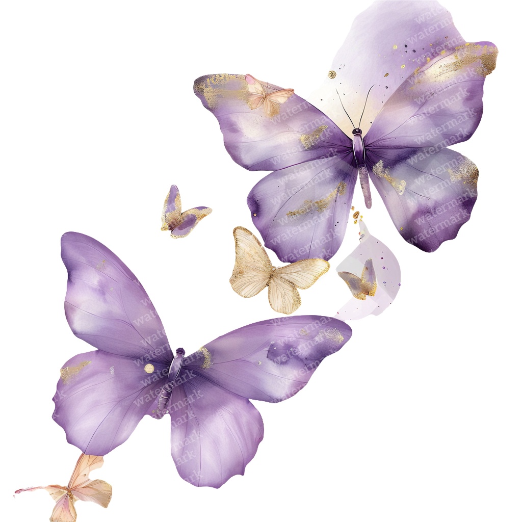 【商用利用可】パープル&ゴールド蝶々(水彩バタフライ)クリップアート20点セット|高解像度PNG|壁アート・コラージュ・ジャンクジャーナル素材|即ダウンロード