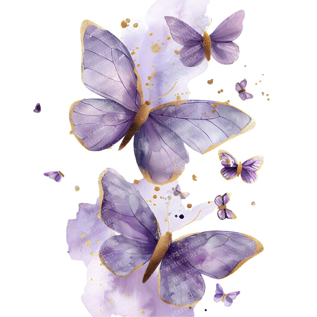 【商用利用可】パープル&ゴールド蝶々(水彩バタフライ)クリップアート20点セット|高解像度PNG|壁アート・コラージュ・ジャンクジャーナル素材|即ダウンロード