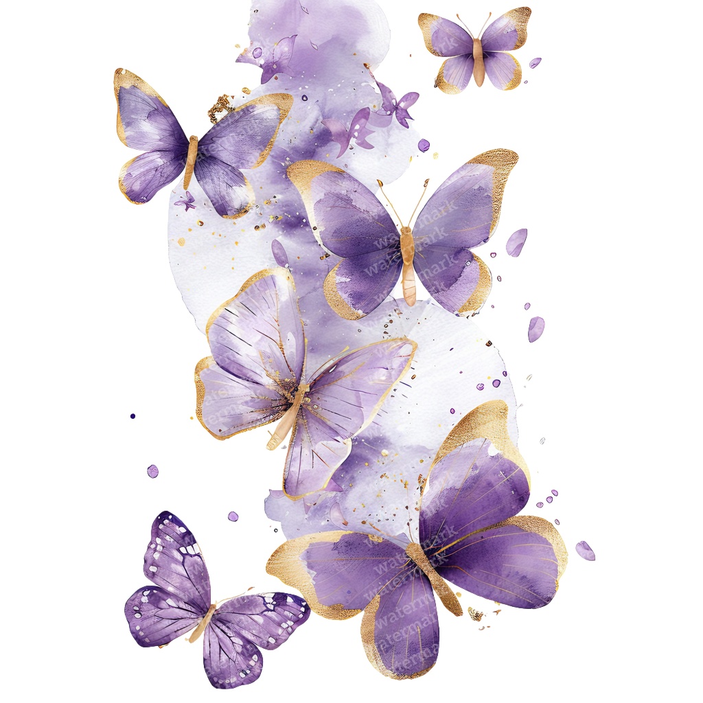 【商用利用可】パープル&ゴールド蝶々(水彩バタフライ)クリップアート20点セット|高解像度PNG|壁アート・コラージュ・ジャンクジャーナル素材|即ダウンロード