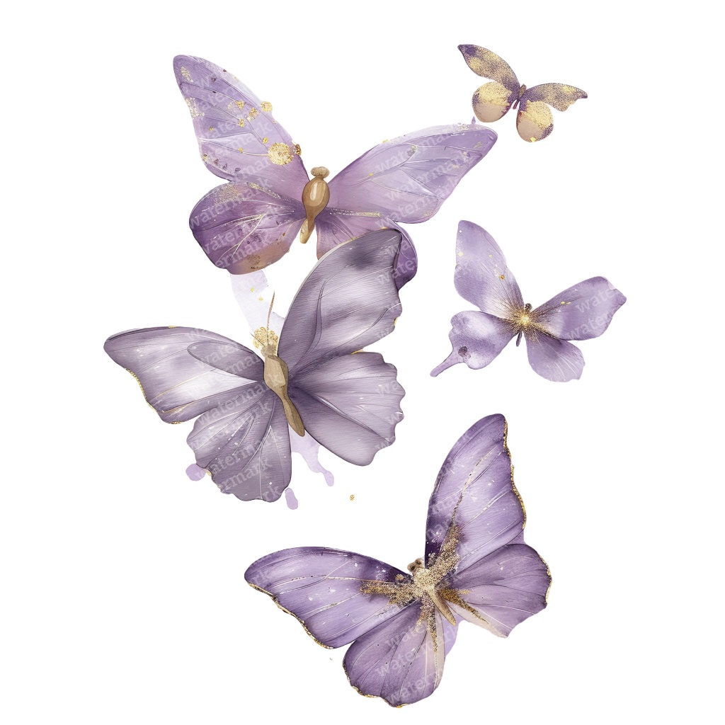 【商用利用可】パープル&ゴールド蝶々(水彩バタフライ)クリップアート20点セット|高解像度PNG|壁アート・コラージュ・ジャンクジャーナル素材|即ダウンロード