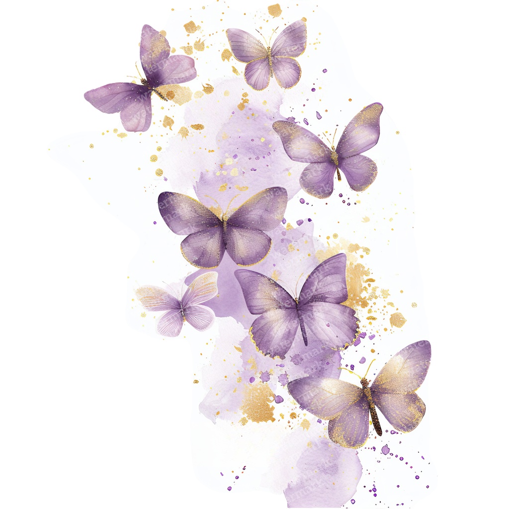 【商用利用可】パープル&ゴールド蝶々(水彩バタフライ)クリップアート20点セット|高解像度PNG|壁アート・コラージュ・ジャンクジャーナル素材|即ダウンロード