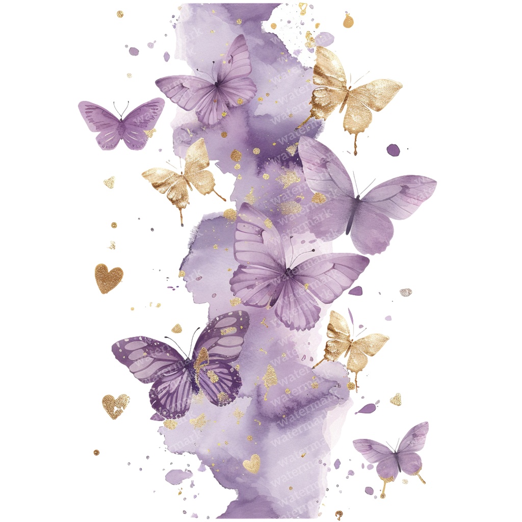 【商用利用可】パープル&ゴールド蝶々(水彩バタフライ)クリップアート20点セット|高解像度PNG|壁アート・コラージュ・ジャンクジャーナル素材|即ダウンロード