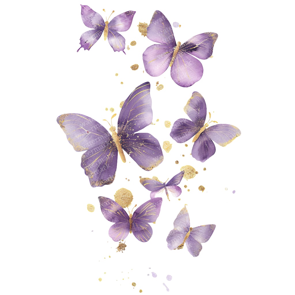 【商用利用可】パープル&ゴールド蝶々(水彩バタフライ)クリップアート20点セット|高解像度PNG|壁アート・コラージュ・ジャンクジャーナル素材|即ダウンロード