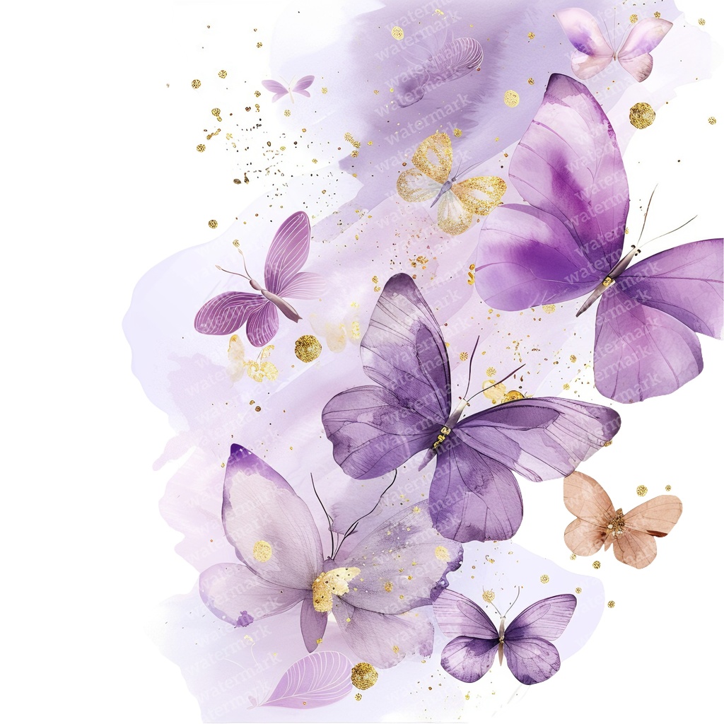 【商用利用可】パープル&ゴールド蝶々(水彩バタフライ)クリップアート20点セット|高解像度PNG|壁アート・コラージュ・ジャンクジャーナル素材|即ダウンロード