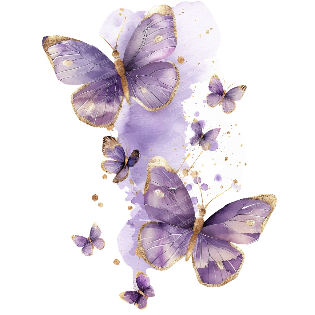 【商用利用可】パープル&ゴールド蝶々(水彩バタフライ)クリップアート20点セット|高解像度PNG|壁アート・コラージュ・ジャンクジャーナル素材|即ダウンロード